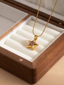1件镀金绿色CZ钻石3D星星吊坠蛇骨链项链，Y2K可爱星星吊坠项链，适合女性日常、办公室、派对、生日、毕业典礼佩戴 - 金色 - 查看 4