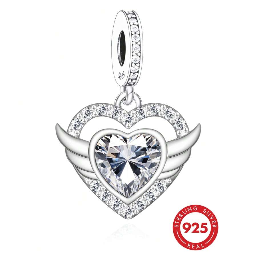 1 pieza Elegante colgante de corazón de plata de ley 925 con circonita cúbica, regalo de cumpleaños unisex - Plateado - Ver 1