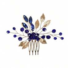 1 pieza Peineta de novia con hoja de oro y cristal de zafiro, accesorio para el cabello para verano, vacaciones, viajes, accesorios de novia, peineta, tocado - azul real - Ver 3