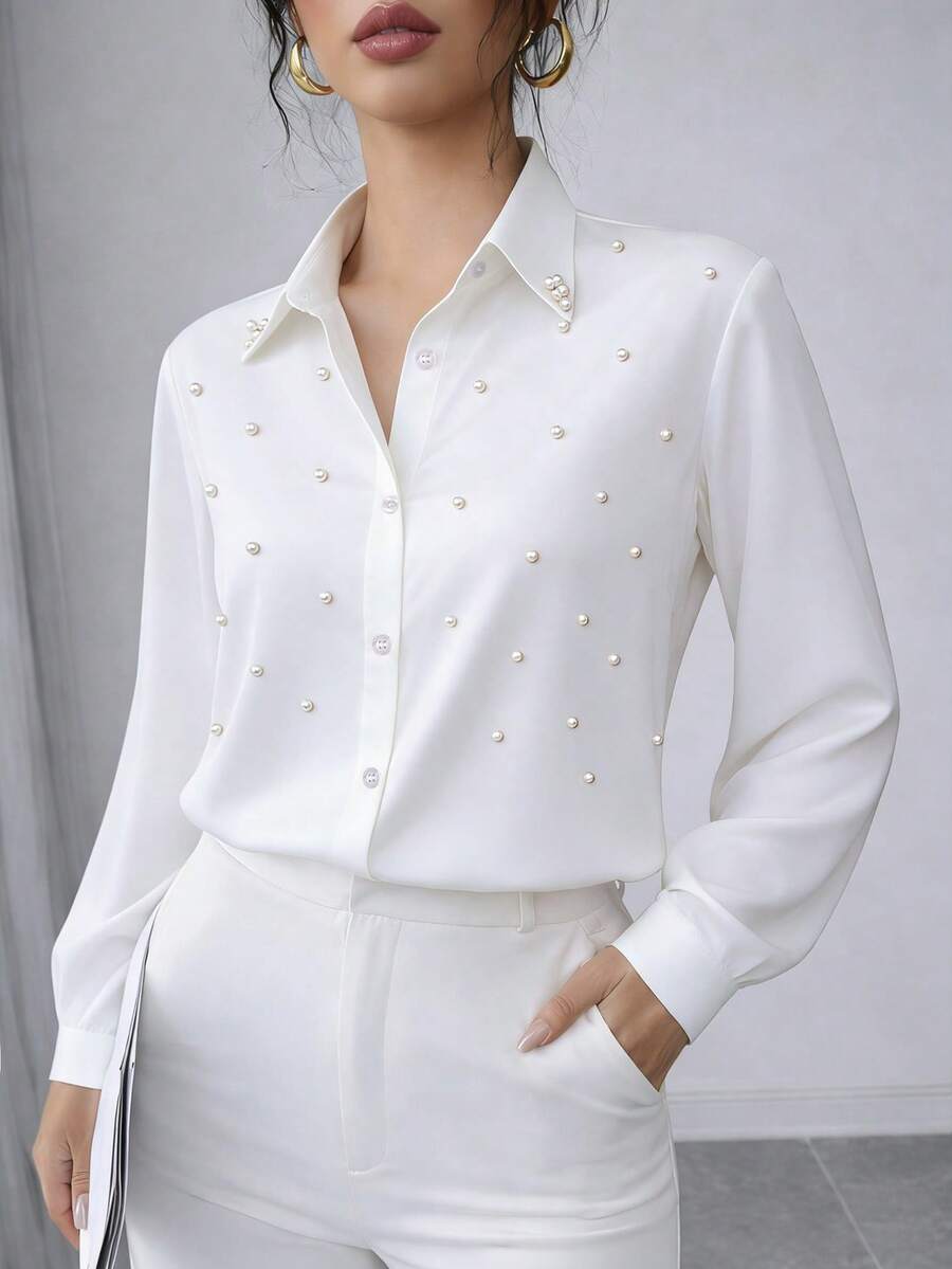 New Arrival Fashion Women's Casual Versatile Faux Pearl & Button Embellished Blouse White - White - View 1