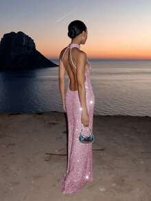 闪亮优雅露背亮片拼接连衣裙，时尚浪漫派对礼服，适合海滩、婚礼、生日、周年纪念、毕业典礼、假日、正式晚宴、家庭聚会、音乐节、舞会、婚礼宾客、返校、鸡尾酒会、秋季粉色系春季等场合。 - 粉色 - 查看 2