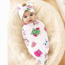 Receiving Blanket Headband Set Flower Print Baby Swaddle Blankets - 淺粉色 - 查看 2