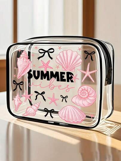 1pc "Summer" Letter Print Waterproof PVC Beach Bag With Shell & Starfish Decor, PVC Cosmetic Bag, PVC Travel Organizer Pouch With Zipper, Lightweight Fade-Resistant Toiletry Bag For Women & Men, TSA-Approved Portable Makeup Case, Easy-To-Wipe Design, Ideal For Mothers, Teachers, Friends, Nurses, School, Vacation, Back-To-School Supplies, Mother's Day Gift, Travel Essentials, Summer Must-Have