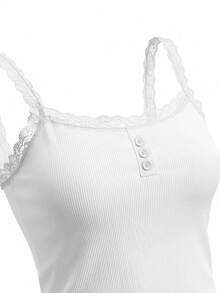 蕾丝边罗纹吊带背心，纽扣细节无袖修身背心，甜美女孩日常穿着 - 白色 - 查看 8