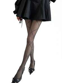 1件超薄银线灰色、黑色、乳白色亮面连裤袜，性感渔网交叉条纹长筒袜，适合夜店穿着 - 彩色 - 查看 14