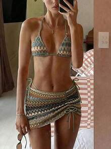 Bikinx Women's Summer Beach Wavy Pattern Halter Tie Sexy Bikini Set With Cover-Up Skirt - Multicolor - View 6