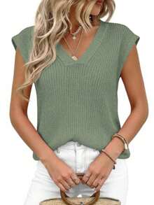 Women's Knit Sweaters Vest Lightweight Spring Cap Sleeve V Neck Tank Tops Summer Going Out Outfits - Mint Green - View 4
