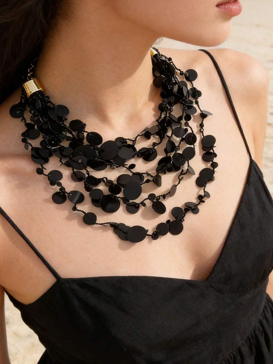 1 chiếc vòng cổ thủ công dành cho nữ, làm từ hạt thủy tinh đen và mảnh nhựa, kiểu dáng phóng khoáng, thích hợp cho kỳ nghỉ. - màu đen - Xem 1