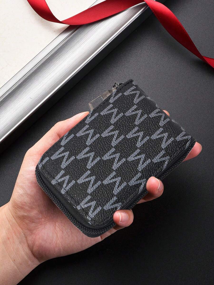 HOVI'S Men's M-Print PU Card Holder, Zipper Closure With ID Window & Multi-Slot Design, Compact 10x7.2cm Organizer For Cards & Cash - Black - View 1