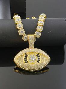 Bling Bling Devil's Eye Pendant Necklace Set, Cubic Zirconia Embellished Cuban Chain Necklace, Unisex Hip Hop Style - Evil Eye Pendant Necklace - View 5