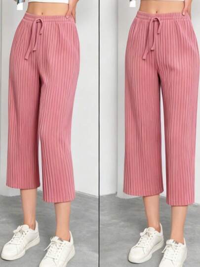 OYGA Women's Solid Multipack Corduroy Ribbed Knitted High Stretch Good Quality Casual Straight Leg Capri Sleep Bottom With Fake Drawstring