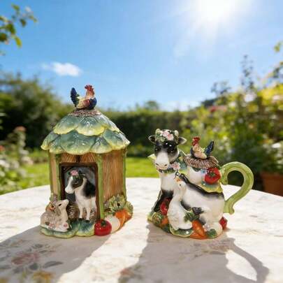 Tetera de cerámica decorativa con diseño de vaca de estilo pastoril, pintada a mano, regalo para el Día de la Madre