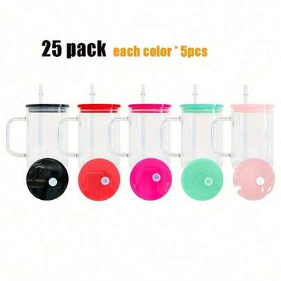 25pcs 17oz Transparent Frosted Sublimated Glass Coffee Cups From The US Warehouse, With PP Caps, Transparent Frosted 17 Ounce Colored Plastic Lid Coffee Cups With Handles, Suitable For Vinyl 17 Ounce Transparent Frosted Tea, Milk, Beer, Glass, And Hot Stamping