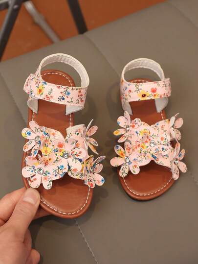 1 Pair Girls' Floral Decor PU Sandals, Soft Sole Non-Slip Wear-Resistant Open Toe Design, Flat Low Heel, Sweet Fresh Style, Children's Sandals For Daily, School, Outdoor, Beach, Summer Breathable & Comfortable