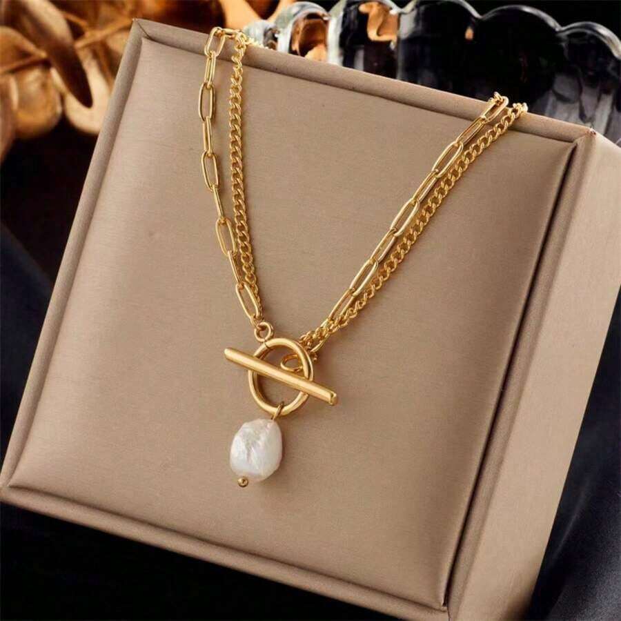 1pc Gold Stainless Steel Jewelry Plated OT Clasp Pearl Pendant Double Layer Necklace, Personalized Creative Ins French Elegant Retro Korean Fashion Casual Minimalist Versatile Gift For Women, Daily, Commute, Street, Party, Festival - 黃金 - 查看 1