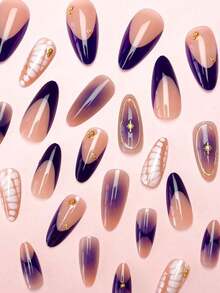 24Pcs/Set French Almond Shape Tie Dye White Base False Nails With 3D Golden Flower & Bead Decor, Full Cover Nail Tips Ladies & Girls, Party, Date, Vacation Press On Nails Nail Supplies Nails - 多色 9 - 查看 5