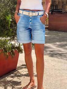 Women's Plain Rolled Cuff Elastic Fitted Front Button Denim Shorts, Summer Style Casual Vacation - Light Wash - View 3