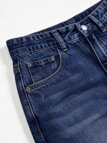 Women's Casual Straight Leg Loose Fit Jeans With Pockets, Fashionable Straight Jeans, Washed Denim Loose Fit Jeans, Vintage Casual Style, Wide Leg And High Waist For Everyday Wear, Comfortable, Stretchy And Suitable For All Seasons - 藍色 - 查看 6