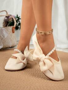 Solid Color Casual Bow Decor Loungewear - Beige - View 4