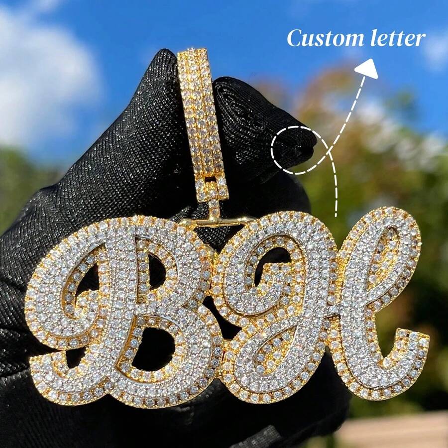 Dây chuyền mặt dây chuyền khắc tên chữ viết tay kiểu cách, đính đá Cubic Zirconia lấp lánh, trang sức thời trang Hip-hop. - chữ nghiêng - Xem 1