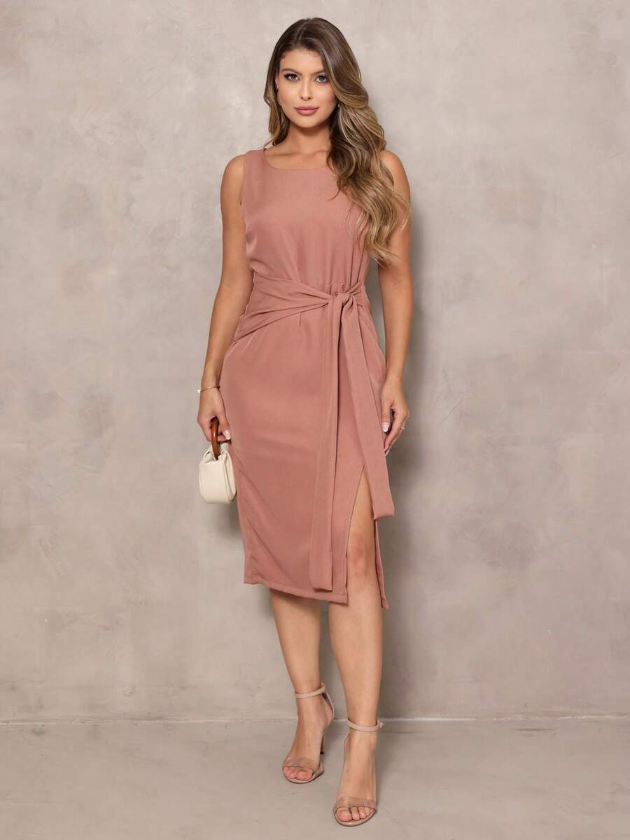 Dress With A Sophisticated Drape And A Front Knot. - Mocaccino - View 1