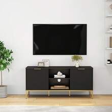Modern TV Stand With Wave-Design Doors, Open Compartment And Adjustable Shelf, Stylish Functional Entertainment Center Storage Cabinet For Living Room Home Decor - Black+Gold - View 8