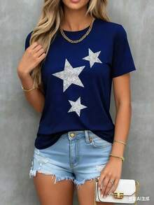 Women's Casual Glitter Star Print T-Shirt Summer Short Sleeve Top For Everyday Wear Comfortable Loose Fit Tee Shirts Fashion Outfit - 藏蓝色 - 查看 3