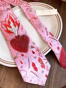 1pc Pink Flame Heart Tie, Suitable For Casual, Streetwear, Daily Wear, Party, Gift,Festival,Travel - Multicolor - View 4