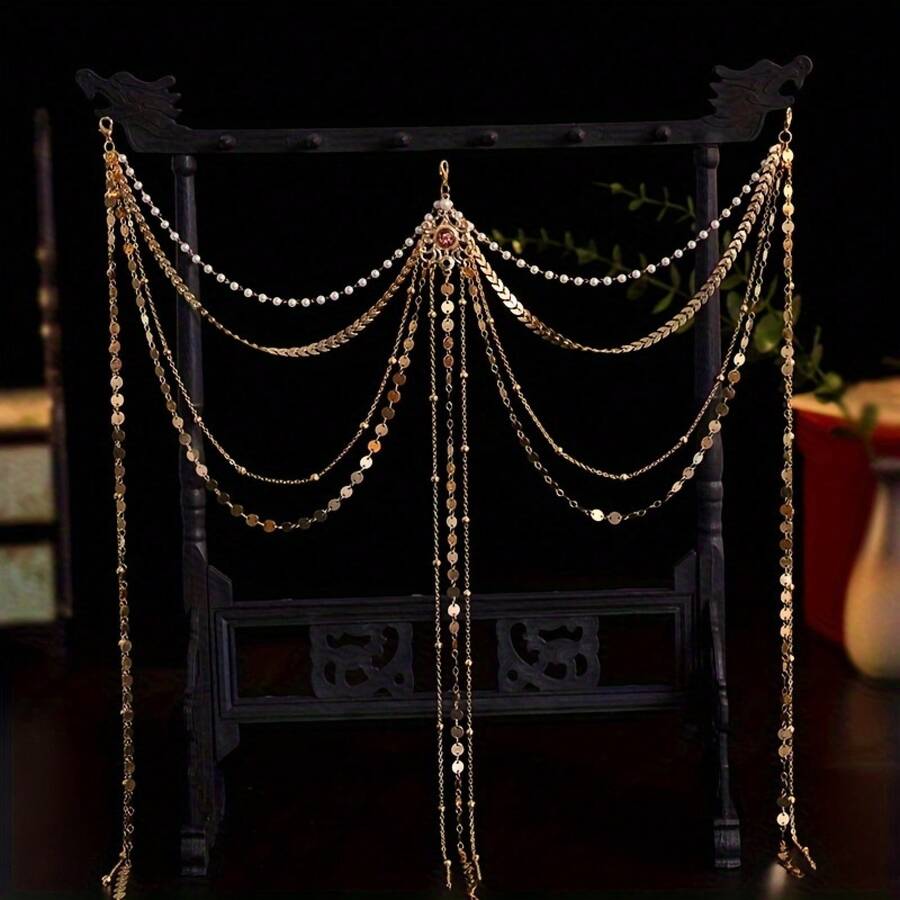 Super Fairy-Like Luxurious Silver Long Tassel Belt, Ancient Style Hanfu Headwear, Fairy Accessories, Hanfu Waist Ornament From The Tang, Song, And Ming Dynasties - G4-24-金色 - 查看 1