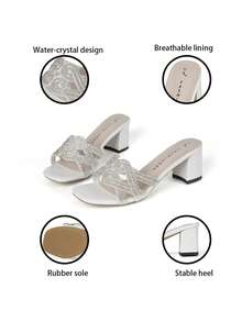 Women's Solid Color Glamorous PU Leather Rhinestone High Heel Sandals, Square Toe Chunky Low Heel Slip-On Shoes For Party, Spring/Summer - White - View 7