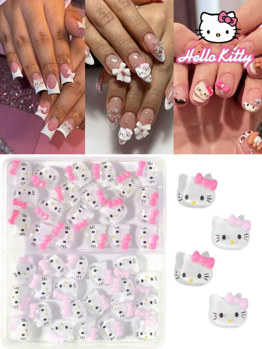SANRIO 30件套三丽鸥Hello Kitty双格美甲装饰套装，2种Hello Kitty蝴蝶结设计美甲贴纸，带迷你水钻 - 彩色 - 查看 1