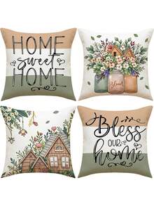 1/4Pcs Home Sweet Home Bless Our Home Pillow Covers, Cottage Floral Print Decorative Throw Pillow Cases, 18x18 Inch Linen Cushion Covers, Farmhouse Spring Home Decor For Sofa Couch, No Pillow Insert - Flower - View 9