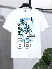 Manfinity RSRT Camiseta de manga corta con cuello redondo, estampado de palmeras y playa, casual para hombre, versátil, para vacaciones - Blanco - Ver 3