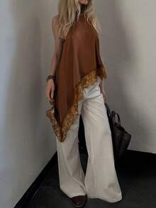 1pc Solid Color Sleeveless Lace Patchwork Asymmetrical Hem Loose Blouse, Suitable For Summer Vacation & Party - Brown - View 3