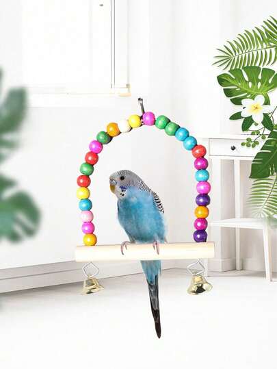 鹦鹉多尺寸彩色木珠铃铛秋千，中小型鹦鹉摇摆互动栖架用品，玄凤鹦鹉虎皮牡丹鸟笼玩具，多尺寸鸟笼配件（所有配件颜色随机组装）