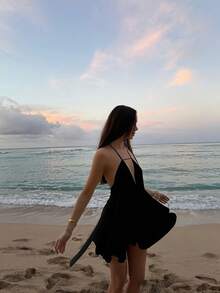 Women's Vacation Beach Sexy Solid Color Backless Halter Mini Dress - Black - View 3