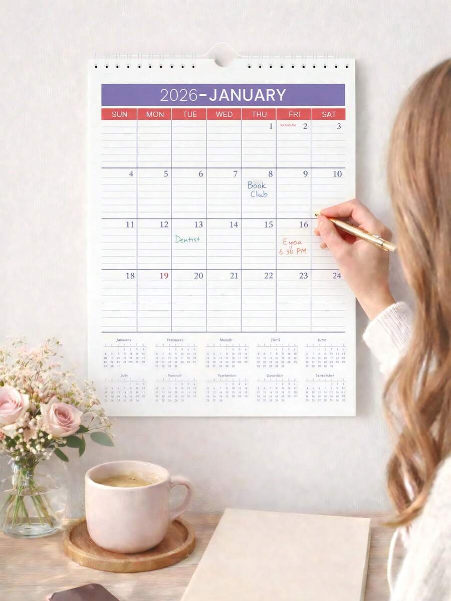 Lịch năm 2026 - Lịch tháng khổ lớn, gáy xoắn, ô kẻ và phần ghi chú rộng rãi, từ tháng 1 năm 2026 đến tháng 6 năm 2027, phong cách tối giản, phù hợp cho gia đình, trường học và văn phòng, khổ A4 để ghi lại hạn chót, ngày lễ, cuộc hẹn, vật dụng văn phòng lý tưởng và quà tặng năm mới 2026.