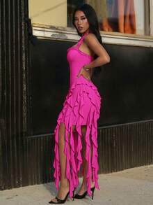 Jellyfish Ruffle Halter Sexy Dress, Graduation Gown Party Summer Elegant - Hot Pink - View 8
