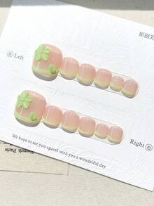 12件/組超可愛手工可穿戴腳趾甲片，多功能手繪綠色花朵搭配綠色法式風格可拆卸甲片，含果凍膠與指甲銼刀，適合作為禮物 - 薄荷綠 - 查看 4