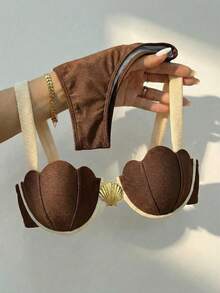Swmmer Liket Women's Summer Elegant Resort Shell Cups Contrast Binding Fine Edge Steel Ring Swimsuit - Brown - View 1