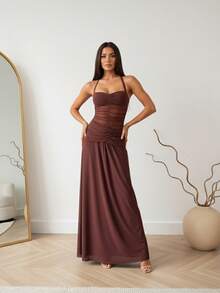 Womens Summer Halter Dress A Line Stylish Ruched Solid Color Sleeveless Backless Long Dress - Dark Brown - View 3