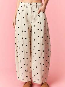 Women Barrel Jeans Dot Print Loose Denim Pants Spring Casual Baggy Trousers Fashion Wide-Leg Pants - màu đen - Xem 3