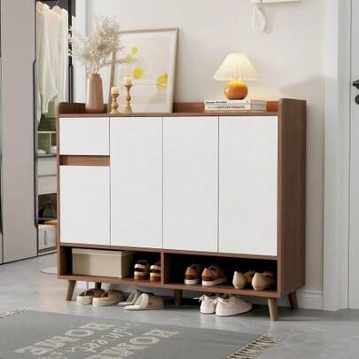 Modern Sideboard Kommode Schuhschrank Mit Großem Stauraum, 4 Türen Und 1 Schubladen Mit Einem Verstellbaren Regal Für Esszimmer, Wohnzimmer Oder Küche,Weiß+Natural, Mass: 120*35*99 Cm