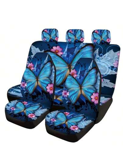 5 miếng bọc ghế ô tô, họa tiết bướm xanh cổ điển, bướm và hoa hồng, chất liệu lụa mềm mại, thoáng khí, thoải mái, thích hợp cho mùa hè, trang trí nội thất ô tô, bảo vệ ghế xe, phụ kiện ô tô, bọc ghế ô tô dành cho nữ, trang trí xe hơi.