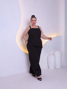 Women's Plus Size Tailored Set Consisting Of A Blouse And Wide-Leg Trousers C3090-2 - الأسود - مشاهدة 5