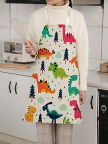 1件可爱卡通恐龙图案单面印花围裙，男女通用成人围兜式围裙，带挂脖和系带，适用于家庭、厨房、烹饪，防水防污 - 彩色 - 查看 6