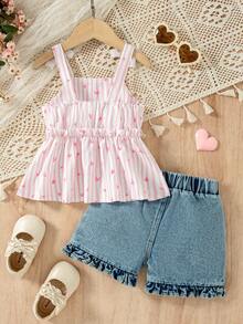 Baby Girls 6M-3T Outfit, Baby Cami Set, Striped 2-Piece, Denim Shorts Set, Casual Denim Co-Ord, Cherry Embroidered Outfit, Breathable Daily Photo - Pink - View 9