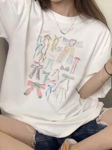 日系女式宽松街头风可爱蝴蝶结印花短袖T恤，夏季 - 白色 - 查看 4