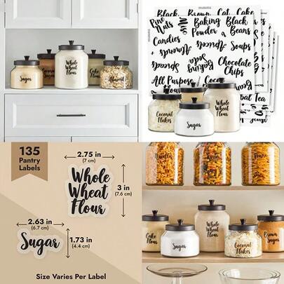 Labels For Food Containers - 135 Count Preprinted Black Cursive On Clear Backing Water-Resistant - Pantry And Kitchen Storage Labels For Jars And Bins - Easy Peel And Stick