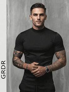 GRDR Men's Fashionable Mock Neck Short Sleeve T-Shirt | Exquisite Design | Summer Essential | Easy To Match | Showcase Your Style - Black - View 2